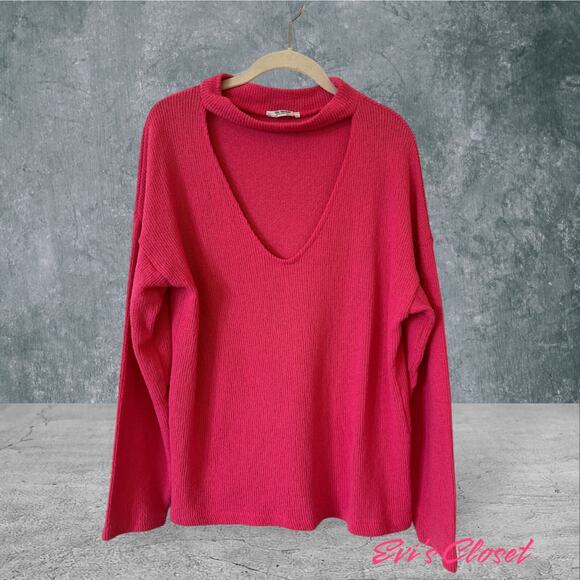 Zara Sweater Pink Boxy/Loose Fit V-Cut-Out Long Sleeve Size L - Picture 1 of 9